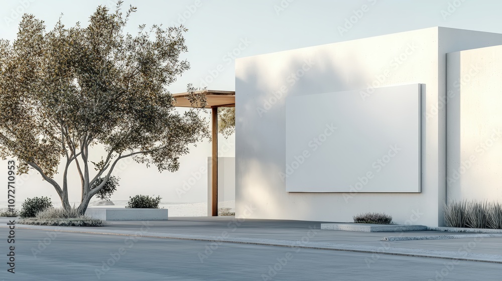 Minimalist building with tree and shadows.