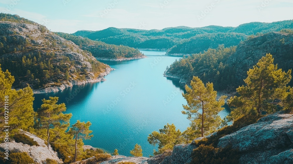 Obraz premium Serene Lake Surrounded by Lush Green Forests