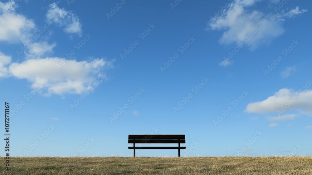 Empty Bench Under Blue Sky with White Clouds Park Landscape Empty Bench Under Blue Sky with White Clouds Park Landscape