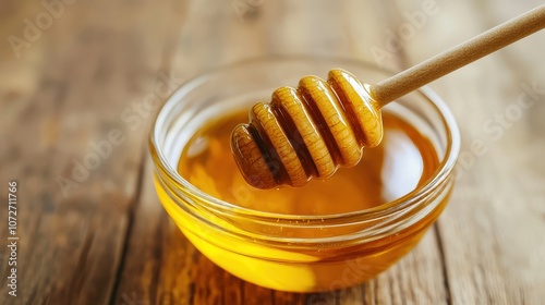 Honey Dipper in Glass Bowl on Wooden Table Sweet Food Photography