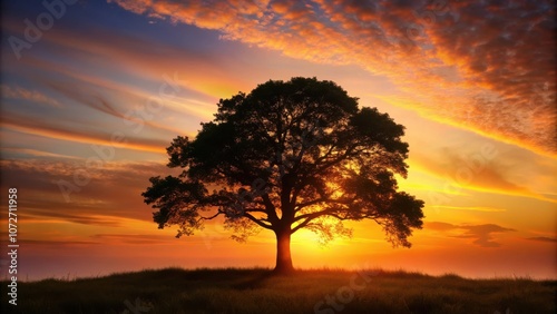 A single tree stands tall against the vibrant hues of a fiery sunset, creating a captivating silhouette against the canvas of the sky.