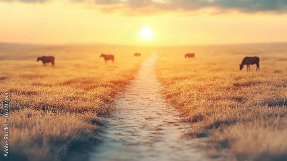 Obraz premium Country Road Sunset with Cows Grazing in Golden Field