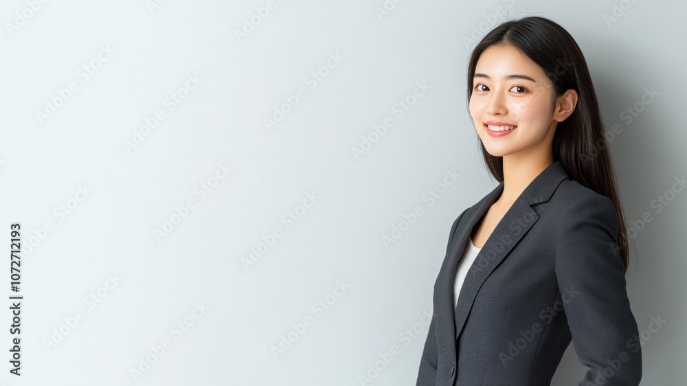 Chinese business woman in suit blazer isolated on gray, lawyer secretary Chinese business woman in suit blazer isolated on gray, lawyer secretary