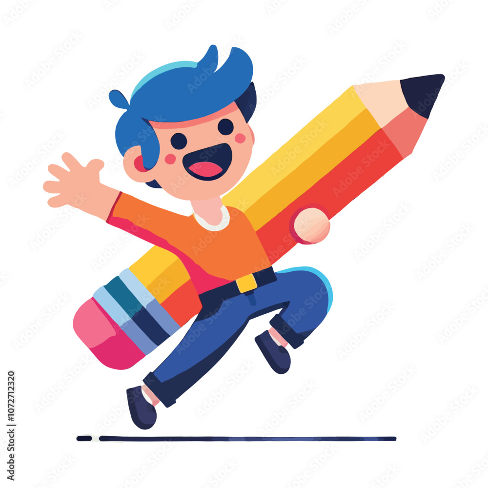cartoon of a joyful artist holding a giant pencil cartoon of a joyful artist holding a giant pencil