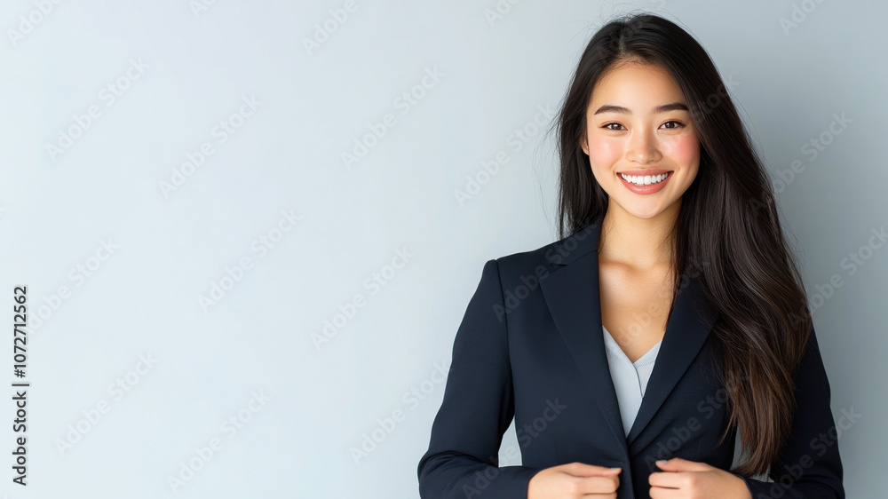Japanese business woman in suit blazer isolated on gray, lawyer secretary Japanese business woman in suit blazer isolated on gray, lawyer secretary