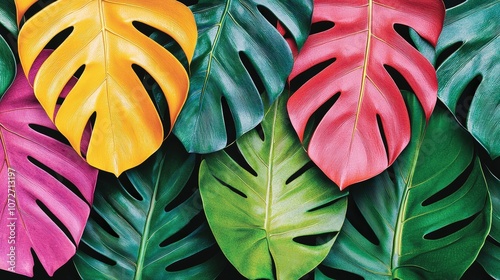 Tropical Monstera Leaves   Vibrant Green  Pink  Yellow Foliage Background