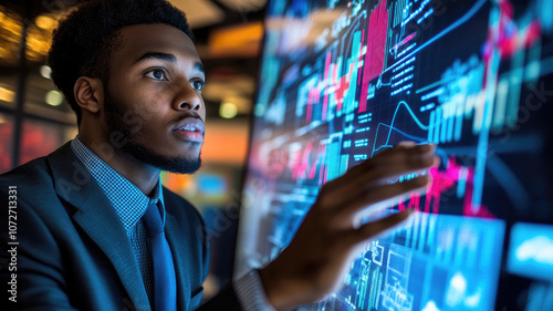 Focused African American man analyzing data on a computer screen in a modern office