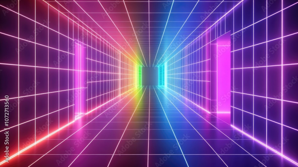 Neon Grid Tunnel with Vibrant Colors and Light Effects Neon Grid Tunnel with Vibrant Colors and Light Effects
