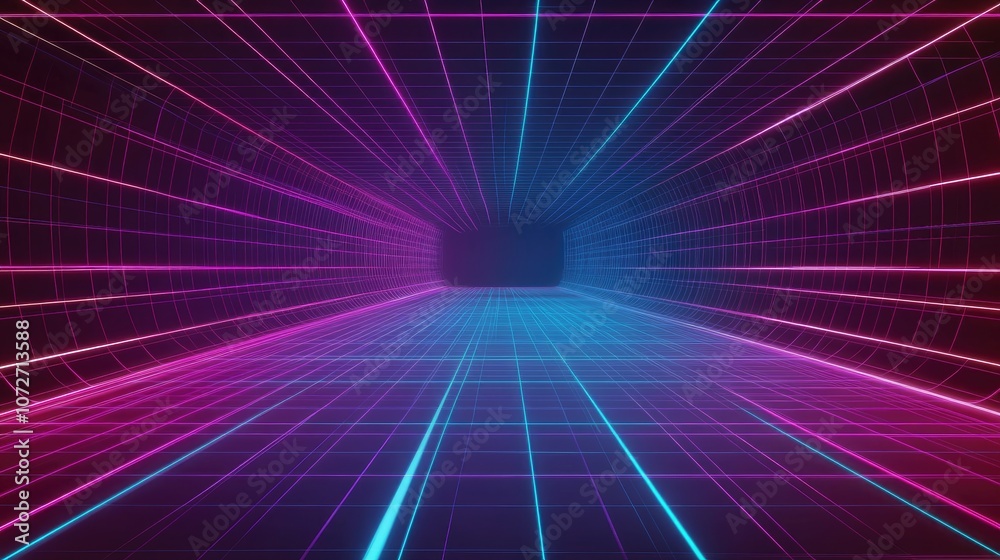 Neon Grid Tunnel with Vibrant Colorful Lines Neon Grid Tunnel with Vibrant Colorful Lines