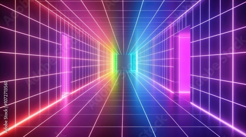 Neon Grid Tunnel with Vibrant Colors and Light Effects