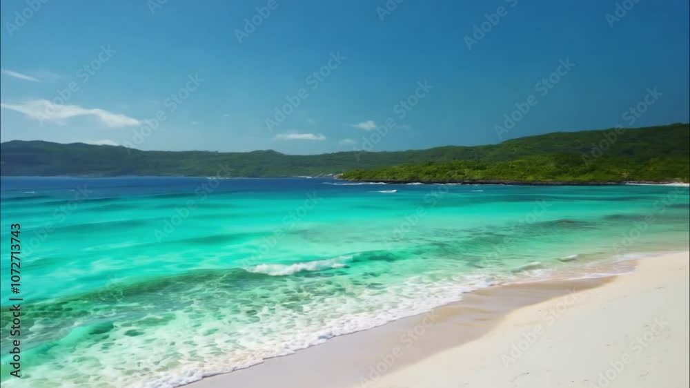 Pristine White Sand Beach with Crystal Clear Turquoise Water and Lush Green Tropical Island in the Background Pristine White Sand Beach with Crystal Clear Turquoise Water and Lush Green Tropical Island in the Background
