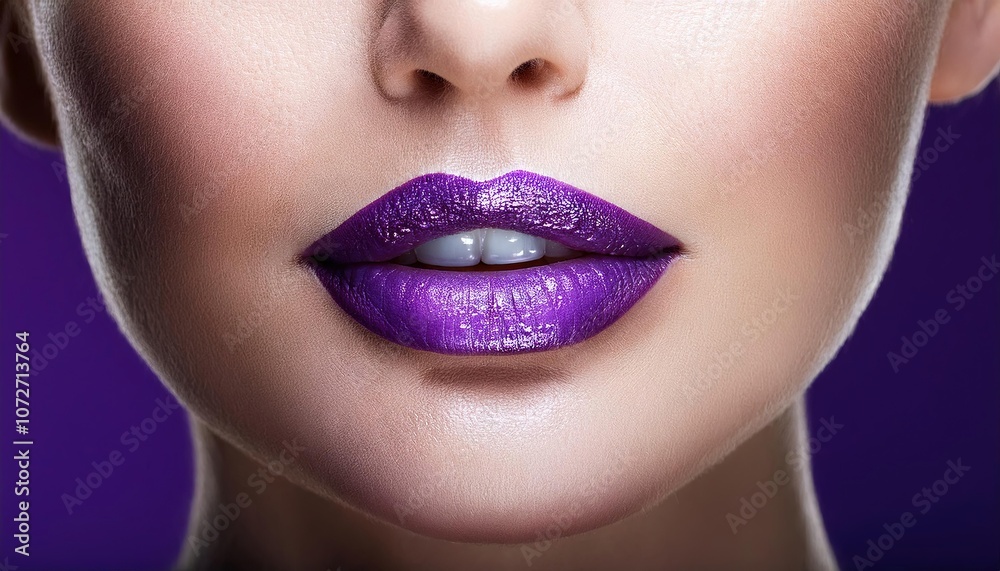 Fototapeta premium Vibrant Purple Lipstick Close-Up on Model's Lips