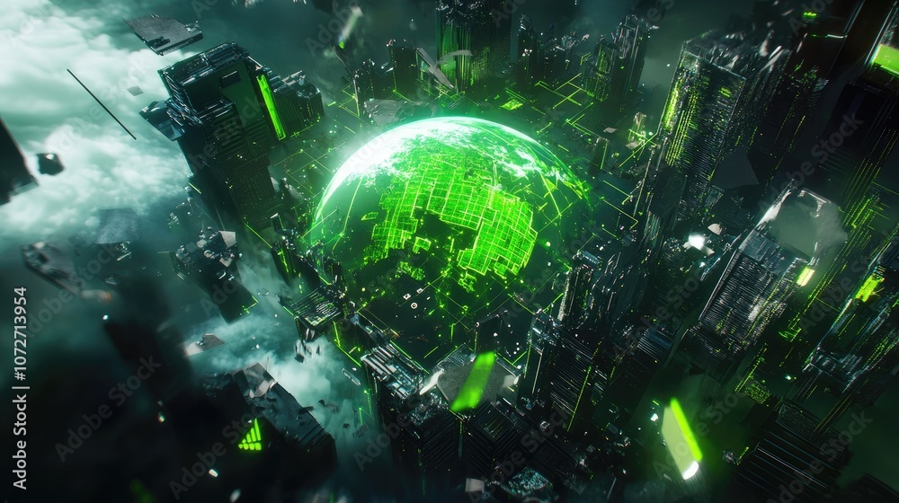 Futuristic Cityscape with Green Digital Globe Futuristic Cityscape with Green Digital Globe
