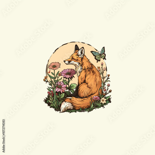 Fox in the flower garden design vector vintage