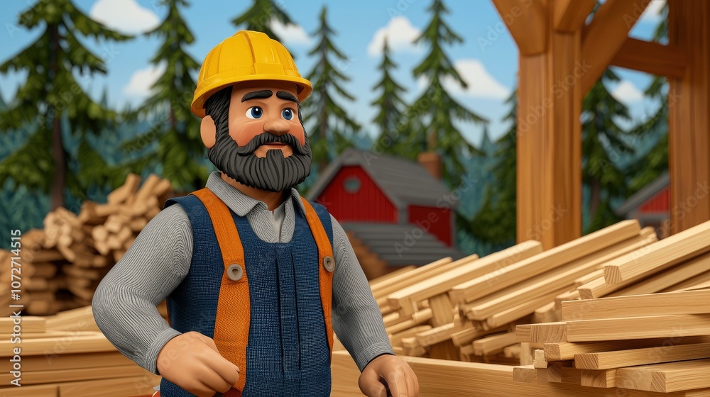 3D Cartoon Carpenter Working with Lumber in a Forest Setting 3D Cartoon Carpenter Working with Lumber in a Forest Setting