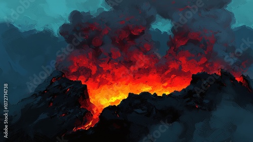 Fiery Volcanic Eruption with Dark Clouds and Mountain Landscape