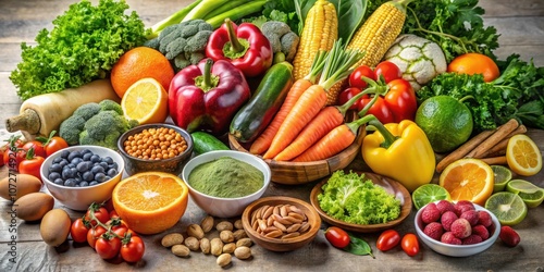 Wallpaper Mural A vibrant display of fresh fruits, vegetables, and nuts showcasing a spectrum of colors and textures, representing a healthy and nutritious dietary approach. Torontodigital.ca