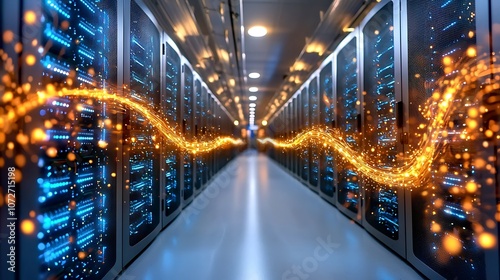 The camera hones in on a sleek, futuristic data center corridor lined with racks of servers and glowing panels, bathed in a cool, ethereal blue light