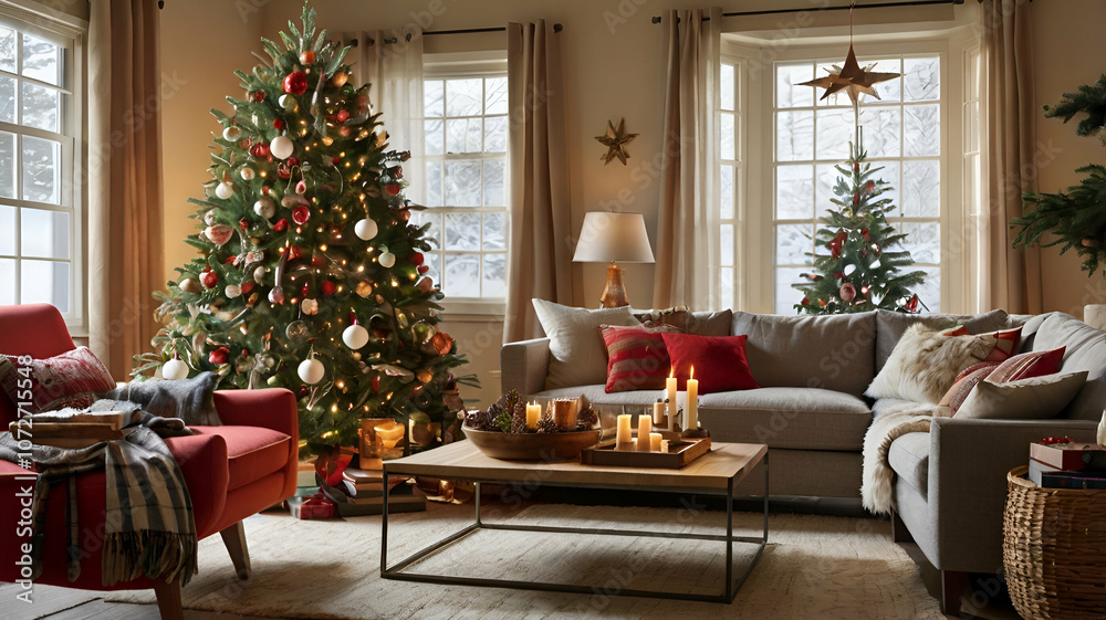Obraz premium Cozy and inviting living room decor for the winter season, incorporating warm textiles, soft lighting, and festive accents. interior 