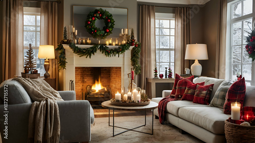 Cozy and inviting living room decor for the winter season, incorporating warm textiles, soft lighting, and festive accents. interior
