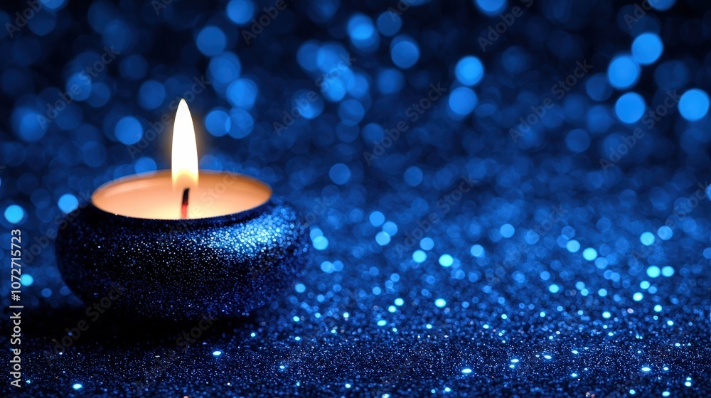 Blue Glitter Background with Burning Candle for Ramadan Celebration Blue Glitter Background with Burning Candle for Ramadan Celebration