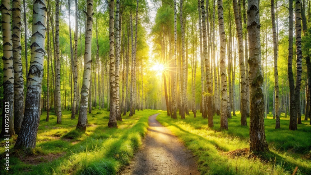 Fototapeta premium A sunlit pathway winds through a birch forest, golden rays illuminating the green canopy and casting long shadows on the grass