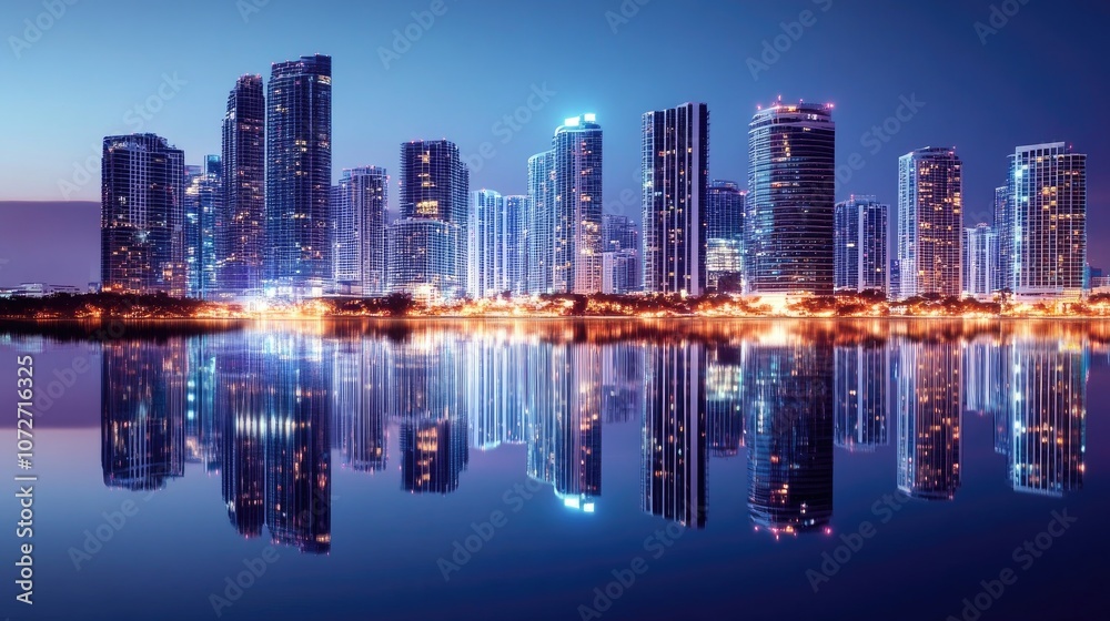 Fototapeta premium Vibrant City Skyline at Dusk with Reflections