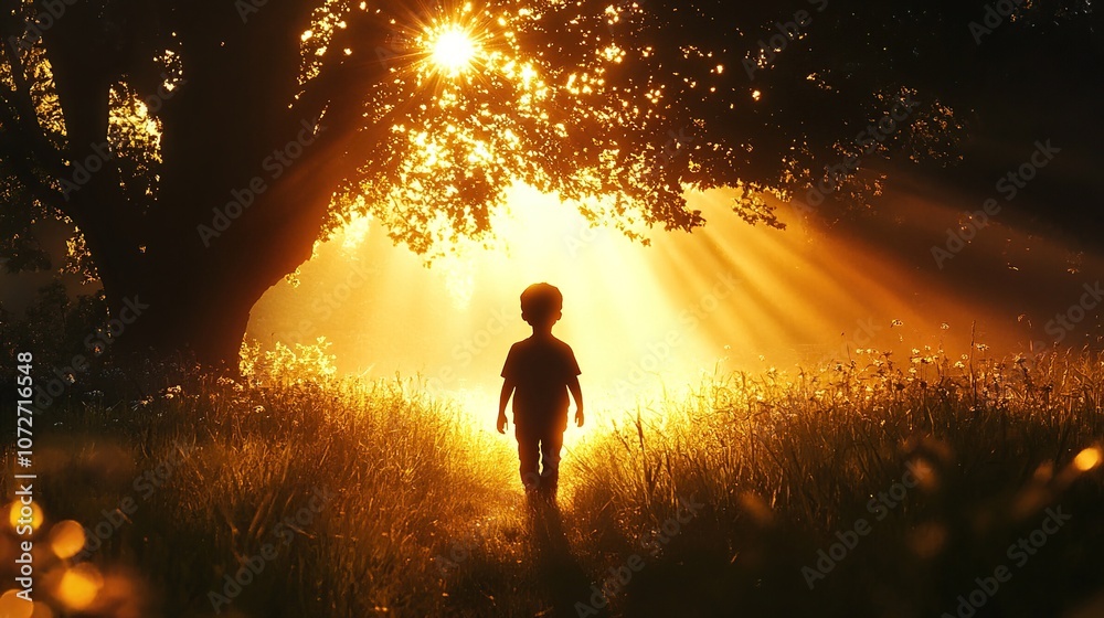 Fototapeta premium Boy Walking Towards the Sunlight