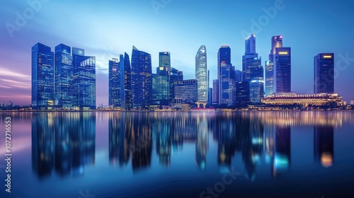 Modern City Skyline at Dusk with Reflection in Water