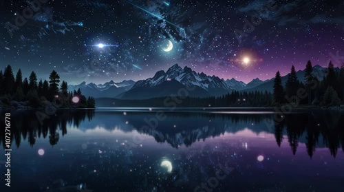 lancape beauty of forests and lakes at night with beautiful stars. Seamless looping time-lapse virtual 4k video animation background