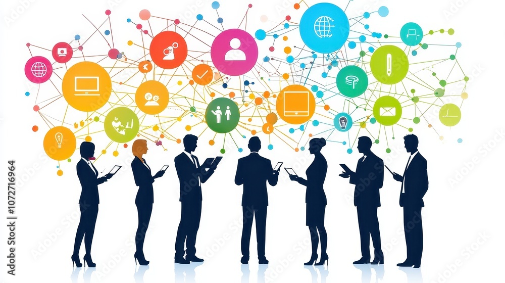 Diverse Business Professionals Engaged with Digital Devices in Front of Colorful Social Media Icons and Network Connections Representing Online Activity Diverse Business Professionals Engaged with Digital Devices in Front of Colorful Social Media Icons and Network Connections Representing Online Activity