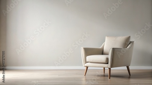 A single armchair with wooden legs sits on a light wood floor against a neutral wall.