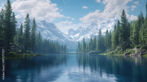 Serene Mountain Lake in a Lush Green Landscape