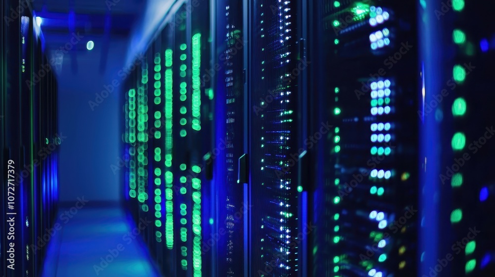 High-Tech Data Center with Rows of Servers Illuminated by LED Lights in Blue and Green, Showcasing Modern Computing Infrastructure and Network Technology High-Tech Data Center with Rows of Servers Illuminated by LED Lights in Blue and Green, Showcasing Modern Computing Infrastructure and Network Technology