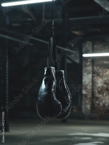 Black Leather Boxing Gloves Hanging in an Industrial Space with a Gritty Background and Dramatic Lighting, Symbolizing Strength and Determination