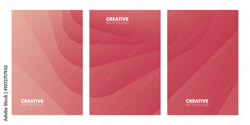 Obraz premium Three vertical panels of overlapping, light to dark, rose-colored, curved shapes.