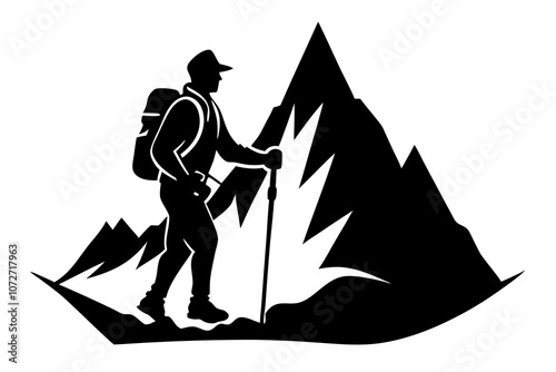 Hiker silhouette vector on white background.