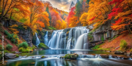 A cascading waterfall flows through a serene forest landscape, adorned with vibrant autumn foliage, creating a breathtaking display of nature's artistry.