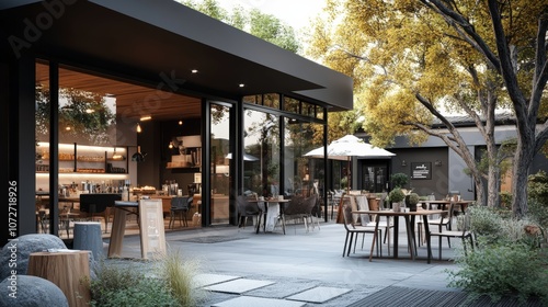 Modern outdoor cafe with cozy seating area.