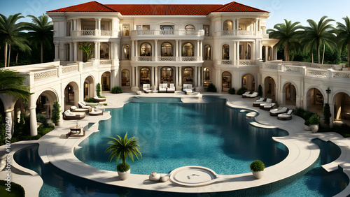 Beautiful resort exterior design, fancy resort, luxury vacation concept background, fancy travel, millionaire resort, ai generated