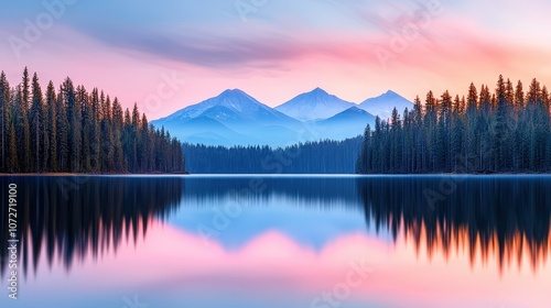 Serene Mountain Lake Sunset with Reflection in Calm Water