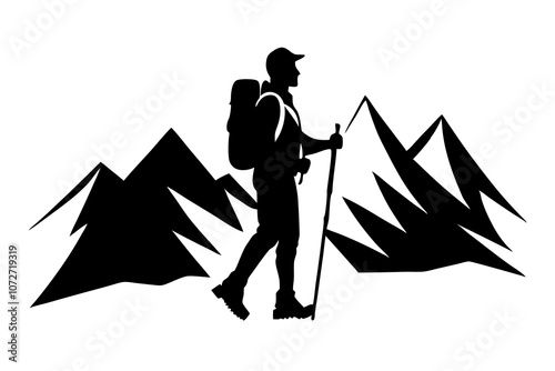 Mountain climber black silhouette on white background.