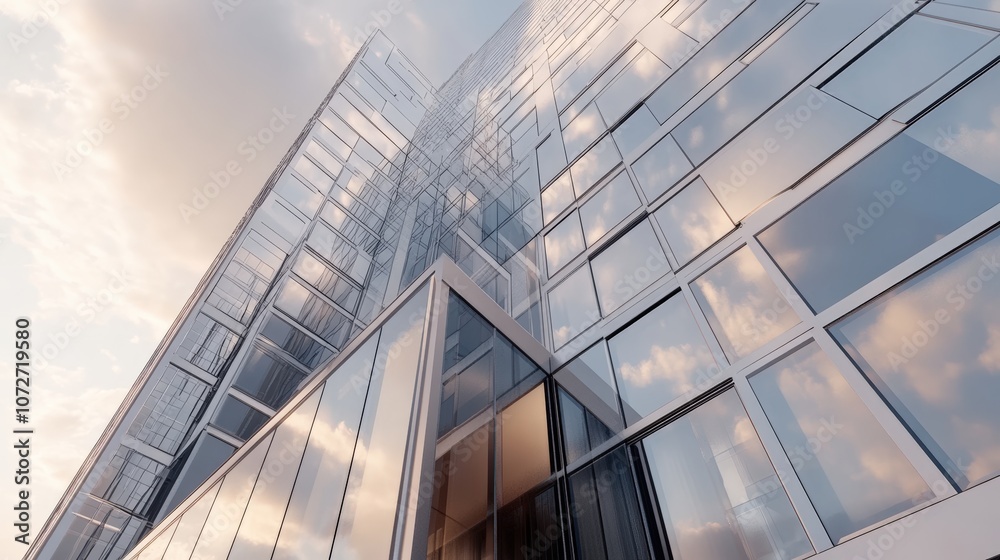 Fototapeta premium Modern skyscraper against sky with clouds.
