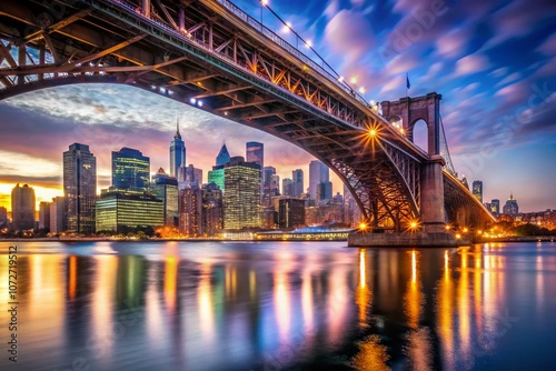 Dramatic Macro Shot of a Bridge Overlooking a River with a Stunning City Skyline in the Background Captured from a Unique and Dynamic Angle for Urban and Nature Photography