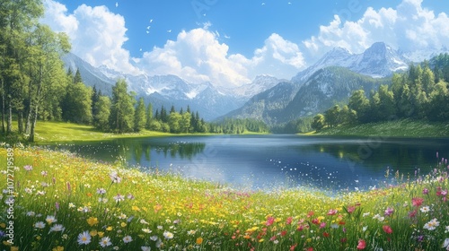 Serene Lake Surrounded by Colorful Wildflowers