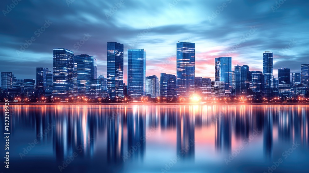 Fototapeta premium Modern City Skyline at Dusk with Reflections
