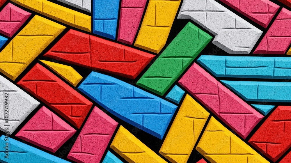 Fototapeta premium Abstract Geometric Pattern with Colorful Shapes and Brick Texture