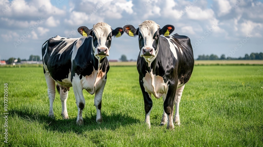 Cows Grazing in a Green Pasture Under Blue Sky Cows Grazing in a Green Pasture Under Blue Sky