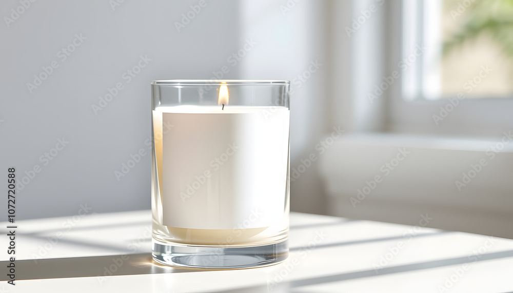 Glass candle with empty label in natural sunlight isolated with white highlights, png Glass candle with empty label in natural sunlight isolated with white highlights, png