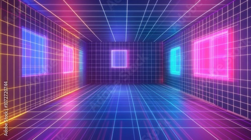 Neon Grid Room with Colorful Lights and Reflections